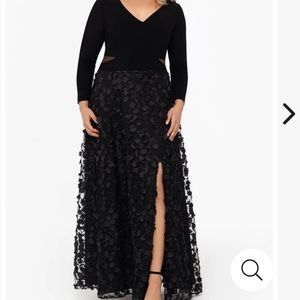 20W black Xscape full length dress with 3D appliqué skirt